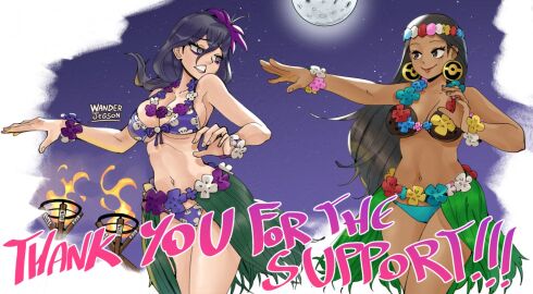 2girls @_@ alternate_breast_size alternate_costume bikini black_hair bracelet breasts cleavage coconut_bra cowboy_shot dancer dancer_(pokemon) dancer_(pokemon_sm) dancing dark-skinned_female dark_skin earrings eyeshadow female fire floral_print_bikini flower flower_bracelet flower_necklace frown full_moon game_freak gift_art grass_skirt hair_between_eyes hair_flower hair_ornament half-closed_eyes hands_up hawaiian head_wreath hex_maniac hex_maniac_(z-a) hula hula_dancer jewelry large_breasts leaf_skirt lei long_hair looking_at_another looking_to_the_side makeup moon multiple_females multiple_girls navel necklace night night_sky nintendo npc_trainer parted_lips poke_ball_earrings poke_ball_symbol pokemon pokemon_legends:_z-a pokemon_sm purple_bikini purple_eyes purple_eyeshadow purple_flower red_lips showgirl_skirt sky smile star_(sky) swimsuit thank_you torch underboob wanderjegson
