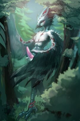 4_toes absurd_res anisodactyl anklet anthro avian avian_feet balls beak bird claws erection feather_hands feathered_wings feathers feet forest genitals green_eyes hi_res jewelry loudorangegatto male nude outside plant slim solo standing toe_claws toes tree winged_arms wings