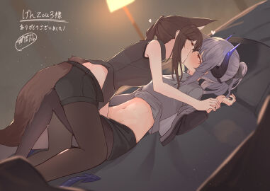 2024 2girls animal_ears arknights artist_name artist_signature belly blush brown_hair female fox_ears fox_girl fox_tail franka_(arknights) grey_hair heart hi_res horns kemonomimi kissing liskarm_(arknights) long_hair lying lying_on_back lying_on_bed masturbating_other masturbation on_bed osuzu_botan shirt_lift shirt_up sweat tail yuri