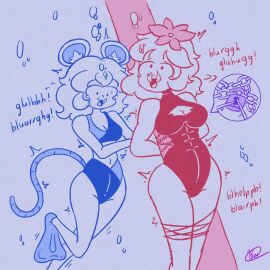 2girls air_bubbles asphyxiation breasts cleavage_cutout drowning female highleg_one-piece_swimsuit medium_breasts motion_lines mouse_ears mouse_girl mouse_tail one-piece_swimsuit open_mouth original small_breasts soaked_lemon tagme tied_up trapped twitching underwater