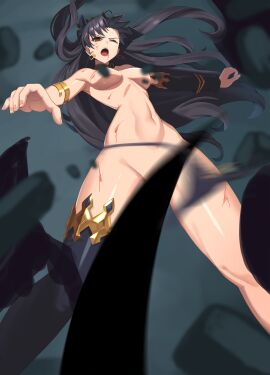 1girls angry angry_face armpits bare_shoulders barefoot black_hair breasts covered_nipples covering_breasts covering_crotch earrings fate/grand_order fate_(series) female fight fighting glaring heroine_in_trouble imminent_rape ishtar_(fate) kick kicking lahmu_(fate) long_hair monster navel necklace no_penetration open_mouth red_eyes ryona scar solo solo_female solo_focus spread_legs tearing_clothes tentacle twintails wangjook_(wj)