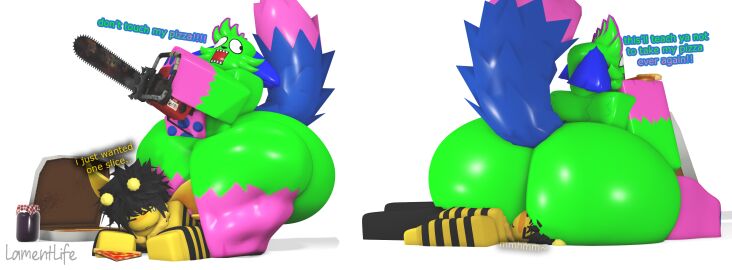 1boy 1girls 3d ass ass_bigger_than_head bee big_ass big_thighs black_hair chainsaw dialogue dont_touch_my_pizza_guy english_text facesitting female kevin_(nyanwolf) lamentlife lamentlife_(oc) male nyanwolf pepperoni_pizza pizza pizza_box pizza_slice roblox robloxian sparklecat straight tagme text thighs thighs_bigger_than_head ts_pmo