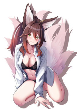 1girls blank_background brown_hair fox_ears fox_girl fox_tail fugue_(honkai:_star_rail) green_eyes honkai:_star_rail lingerie looking_at_viewer simple_background smile smiling solo solo_female solo_focus tagme tingyun_(honkai:_star_rail)