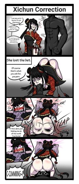 1boy 1girls 4koma angry_face anonymous_male ass bakaiju bet_condition big_ass blank_character blowjob comic correct_artstyle cum cum_in_pussy cum_inside dialogue english_text female flustered heart-shaped_pupils instant_loss jia_xichun_(limbus_company) limbus_company lost_bet male moaning_in_pleasure penetration pillow_bite plap plapping pounding_ass pouting project_moon pussy ruina_card_art_attack_victim_grey_guy straight taunting text