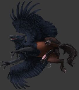 animal_genitalia animal_penis anus avian balls beak black_body black_feathers blue_eyes bodily_fluids brown_body brown_fur claws equine_genitalia equine_penis erection european_mythology feathers feral fur genital_fluids genitals greek_mythology grey_background hi_res hippogriff hooves i-psilone kalinger_(kehreazerith) looking_at_viewer male male_feral mythological_avian mythological_creature mythology open_mouth penis pink_tongue precum simple_background solo tail tongue wings
