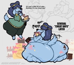 1girls anthro ass belly blue_fur blue_hair cake canine canine_humanoid cellulite dessert eating eating_food english_text fat female female_focus female_only fork furry headband hips hyper_ass large_ass lita_(fawxen) messy overweight overweight_female plate rushrabbit slob stomach sweater tailwag text thick_thighs thighs weight_gain wide_hips