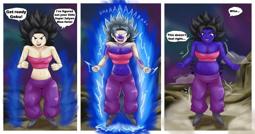 1girls belly_expansion blue_skinned_female blueberry_inflation caulifla dragon_ball female female_only imminent_blueberry_inflation inflation_sequence navel rndmberryartist sequence skin_turning_blue super_saiyan swelling