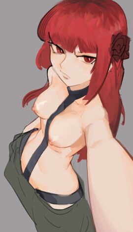 1girls audrey_belrose baggy_pants bangs between_breasts blunt_bangs breasts clothes_between_breasts female female_only glorp_(artist) grey_background hair_flower huniepop large_breasts long_hair nipples pants red_eyes red_hair rose selfie sidelocks solo topless vergilsketch
