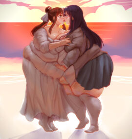 2girls bamboo_ale bbw breasts doki_doki_literature_club dress fat_rolls female grabbing kissing monika_(doki_doki_literature_club) multiple_females multiple_girls obese obese_female skirt sundress thick_thighs thighs yuri yuri_(doki_doki_literature_club)