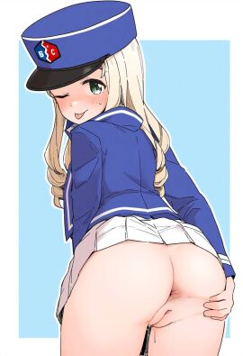anus artist_request ass bc_freedom_(emblem) bc_freedom_military_uniform blush emblem female from_behind girls_und_panzer grabbing_own_ass green_eyes hat highres kepi looking_at_viewer looking_back marie_(girls_und_panzer) military_hat one_eye_closed pussy pussy_juice school_uniform schoolgirl solo spread_ass tongue tongue_out