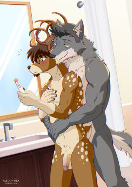 5_fingers aledonrex anthro antlers balls bathroom blush canid canine canis deer digital_media_(artwork) duo eyewear eyewear_only fingers flaccid fur genitals glasses glasses_only hair hi_res horn hug hugging_another hugging_from_behind humanoid_genitalia humanoid_penis interspecies interspecies_impregnation male male/male male_pregnancy mammal mirror nude penis pregnancy pregnancy_test pregnant pregnant_anthro pregnant_male pubes romantic romantic_ambiance smile standing tail wearing_glasses wolf