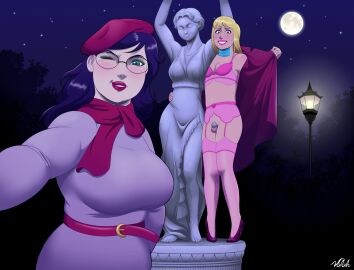 1boy balls blonde_hair bra breasts chastity_cage coat dress exhibitionism female femdom feminization full_moon glasses green_eyes hat high_heels highres humiliation lamppost large_breasts long_hair male moon night open_clothes open_coat original outdoors pink_bra pink_garter_belt pink_garter_straps pink_thighhighs public_indecency purple_coat purple_dress purple_hair purple_shoes selfie shoes signature sissy statue testicles thighhighs underwear voloh