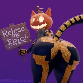 1:1 3d_(artwork) animated ass big_butt cat_tail clothing digital_media_(artwork) english_text epic_games felid feline female for_a_head fortnite glitter holding_object holding_sign humanoid jack-o'-lantern looking_at_viewer looking_back mammal object_head ogtamarindo pumpkin_head rear_view shaking_butt sign skinsuit solo spice_(fortnite) text thick_thighs tight_clothing twilightv0ids_(modeler)