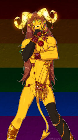 absurd_res accessory arm_warmers armwear balls balls_jewelry brown_hair clothing curved_horn demon demon_humanoid erection facial_piercing femboy frenum_ladder frenum_piercing gem genital_piercing genitals glowing glowing_eyes gold_(metal) gold_armlet gold_jewelry hair hi_res horn horn_jewelry horn_ring humanoid humanoid_genitalia humanoid_penis humanoid_pointy_ears jewelry ladder_piercing lapinbeau leg_warmers leg_wraps legwear lgbt_pride lgbt_pride_month lip_piercing lip_ring long_hair male open_mouth open_smile penis penis_accessory penis_jewelry penis_piercing piercing pupils rainbow_background rainbow_pride_colors ring_(jewelry) ring_piercing ruby_(gem) sharp_teeth simple_background slit_pupils smile solo spade_tail tail teeth wraps yellow_body yellow_sclera yellow_skin