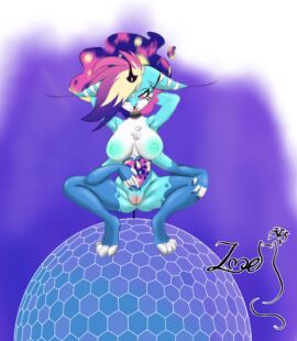 4_arms big_breasts blue_body blue_fur breasts canine collar demon demon_girl female fur genitals hellhound helluva_boss multi_arm multi_limb multicolored_hair necklace nipples pole_dancer pole_dancing pussy queen_bee queen_bee-lzebub_(helluva_boss) slime thick_thighs translucent translucent_belly white_body white_fur wide_hips zoebanette405