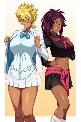 2girls black_clothing bleach blonde_hair blue_bowtie bowtie earrings female fully_clothed green_eyes jewelry lindaroze purple_hair purple_lipstick shihouin_yoruichi tagme tia_harribel white_clothing white_jacket yellow_eyes