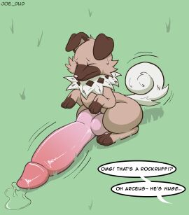 3_toes aliasing animal_genitalia animal_penis aroused big_penis bodily_fluids brown_body brown_ears brown_fur button_ears canid canine canine_genitalia canine_penis cheek_tuft closed_eyes curled_tail digital_drawing_(artwork) digital_media_(artwork) dripping ellipsis embarrassed english_text exclamation_point facial_tuft feet feral floppy_ears fluffy fluffy_tail fur generation_7_pokemon genital_fluids genitals glistening glistening_genitalia glistening_penis grass hi_res huge_cock hyper hyper_genitalia hyper_penis joe_dud knot leaking_precum long_penis male motion_lines neck_tuft nervous nintendo offscreen_character on_hind_legs outside paws penis pent_up pink_nose pink_penis plant pokemon pokemon_(species) precum precum_drip precum_on_ground precum_squirt precum_string quadruped question_mark rockruff shy signature sitting small_but_hung solo speech_bubble sweat sweatdrop tail tail_motion tailwag tan_body tan_fur text thick_penis throbbing throbbing_penis toes tuft worried