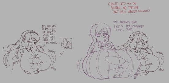 2girls alternate_breast_size boing breast_envy breast_expansion breast_growth breast_growth_(enlargement) breasts dotodonoto faust_(limbus_company) female female_only huge_breasts inconvenient_breasts ishmael_(limbus_company) limbus_company massive_breasts project_moon ripped_clothing strained_buttons wobble