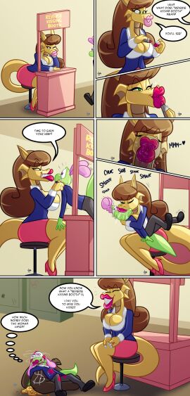 applying_lipstick arms_around_partner breasts brown_hair dragon dragon_girl dragon_tail dragoness english_text female furry gold grabbing green_eyes grey_body hallway heels jamearts jimmy_(jamearts) jimmy’s_sloppy_life kiss_mark kiss_mark_on_face kissing kissing_booth knocked_out lipstick_mark_on_face lizard lizard_boy long_hair medium_breasts money money_bag mwah office_clothing puckered_lips rebecca_(jamearts) saliva saliva_trail sharp_teeth sitting skirt smile smiling smooch student teacher teacher_and_student teacher_outfit yellow_body