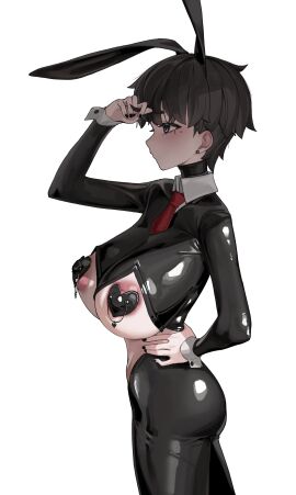 areola_slip areolae fake_animal_ears female huge_breasts human nipple_piercing reverse_bunnysuit tagua