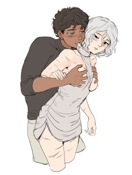 1boy 1girls bags_under_eyes behind_another black_eyes black_hair black_shirt blue_eyes blush breasts brown-skinned_male brown_body brown_skin cowboy_shot curly_hair dark-skinned_male dark_skin dungeon_meshi elf female genderswap genderswap_(mtf) grabbing grabbing_from_behind grey_hair groping halterneck highres kabru lazy_eye light-skinned_female light_skin looking_at_another male mithrun multiple_scars notched_ear papi_kyo partially_undressed pointy_ears rule_63 scar shirt short_hair simple_background small_breasts straight tunic uneven_eyes wavy_hair white_background