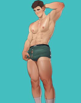 1boy balls bara big_bulge blue_background blush bulge bulge_through_clothing erection_under_clothes huge_bulge male male_focus male_nipples male_only muscular muscular_male naoki_(xhju8282) nipples penis penis_outline simple_background solo solo_male underwear yaoi