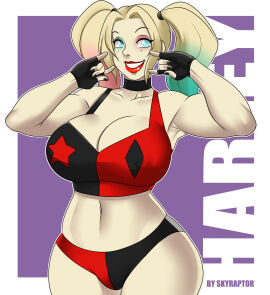 1girls 2d artist_name big_breasts blonde_hair booty_shorts breasts busty choker cleavage color crop_top dc dc_comics female female_only fingerless_gloves full_color giant_breasts harley_quinn harley_quinn_(2019) harley_quinn_(series) huge_breasts midriff multicolored_hair muscles muscular muscular_female non-nude painted_nails pale-skinned_female pale_skin red_lipstick skyraptor smile solo teeth twintails voluptuous voluptuous_female wide_hips