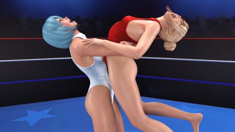 2girls 3d 3d_(artwork) 3d_model blonde_hair blue_hair catfight dead_or_alive female fight fighting fighting_ring flat_chest kamikaze_aegis marie_rose nico_(doa) one-piece_swimsuit short_hair twintails wrestling wrestling_ring wrestlingryona