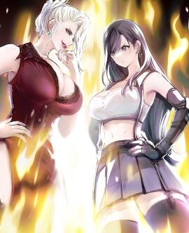 2girls absurdres asymmetrical_bangs bare_shoulders black_hair black_skirt black_sports_bra black_thighhighs blonde_hair breasts brown_eyes catfight cleavage commentary cowboy_shot crop_top dress earrings elbow_gloves english_commentary female fiery_background final_fantasy final_fantasy_vii final_fantasy_vii_remake fingerless_gloves fire furrowed_brow gloves hair_between_eyes hair_over_one_eye hair_up hand_on_own_hip hand_to_own_mouth hands_on_own_hips highres huge_breasts jewelry large_breasts lipstick long_bangs long_hair looking_at_another low-tied_long_hair makeup midriff miniskirt multiple_females multiple_girls parted_lips pelvic_curtain pleated_skirt red_dress rivalry scarlet_(ffvii) serious shirt shoji_sakura skirt sleeveless sleeveless_shirt smile sports_bra staredown thighhighs tifa_lockhart underwear white_shirt white_sports_bra
