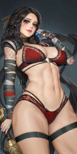 1girls abs absurd_res absurdres arm_tattoo athletic athletic_female bare_shoulders bare_thighs big_breasts black_hair blue_tattoo bra breasts brown_eyes busty cleavage deity european_mythology female female_abs female_focus female_only fit fit_female freya_(god_of_war) god_of_war goddess high_resolution highres hips huge_breasts large_breasts light-skinned_female light_skin lingerie long_hair looking_at_viewer mature mature_female muscular muscular_female mythology navel neoartcore norse_mythology nudtawut_thongmai panties public_domain red_bra red_clothes red_clothing red_lingerie red_panties red_underwear running_mascara runny_makeup santa_monica_studio slim_female slim_waist solo solo_female solo_focus sony_interactive_entertainment stomach tattoo_on_arm thick_thighs thigh_strap thighs toned toned_body toned_female toned_stomach underwear vanir_(norse_mythology) very_high_resolution wide_hips wrapped_arms
