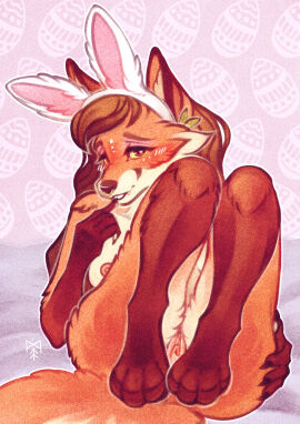 2024 4_toes 5_fingers anthro areola artist_logo ass bangs bashful bent_legs blush blush_lines bodily_fluids breasts brown_claws brown_eyebrows brown_hair brown_nose canid canine cheek_tuft clawed_fingers claws clothed clothing colored digital_drawing_(artwork) digital_media_(artwork) easter eyebrows eyelashes eyeshadow facial_piercing facial_tuft fake_ears fangs feet female fingers fluffy fluffy_tail fox fur genital_fluids genitals hair hand_on_ass hand_on_butt hi_res holidays inner_ear_fluff koru_(martith) leaning leaning_backward legs_up logo long_hair makeup mammal martith nipples nose_piercing nose_ring orange_eyes orange_inner_ear orange_tail partially_clothed pattern_background paws piercing pink_areola pink_background pink_eyeshadow pink_nipples pink_pussy presenting pussy red_fox ring_piercing shaded simple_background smile smiling_at_viewer solo tail tan_body tan_breasts tan_fur tan_inner_ear_fluff teeth toes true_fox tuft vaginal_fluids yellow_sclera