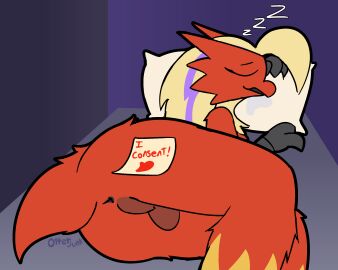 1boy 2024 animal_genitalia anthro anus ass avian backsack balls ballsack beak black_anus blaziken blonde_hair bodily_fluids claws closed_eyes consent_sticker drooling english_text explicitly_stated_consent feathers futa_only futanari generation_3_pokemon genitals grey_body grey_scales hair heart_symbol hi_res highlights_(coloring) imminent_somnophilia intersex lying male male_only nintendo on_side otterjunk pillow pink_highlights pokemon pokemon_(species) post-it_note racha_(otterjunk) red_body red_feathers saliva scales scut_tail sheath short_tail signature sleeping solo solo_male sound_effects tail text trans_woman transfem vowelless vowelless_sound_effect yellow_body yellow_feathers zzz