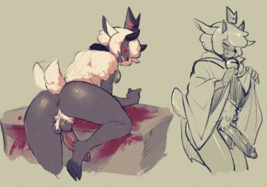 2024 anthro anus ass balls big_penis biped black_body black_fur bovid caprine cloak clothing collar collar_only cult_of_the_lamb digital_media_(artwork) erection fur gay gay_male genitals horn humanoid_genitalia humanoid_penis kukumomo lamb_(cult_of_the_lamb) looking_at_viewer looking_back looking_back_at_viewer male male_only mammal massive_monster_(studio) nude penis presenting presenting_anus presenting_hindquarters pubes red_crown_(cult_of_the_lamb) red_eyes sheep simple_background solo tail tail_motion tailwag white_body white_fur white_pubes yaoi