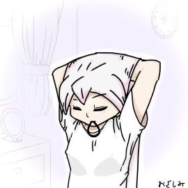 1girls artist_signature bedroom blush breasts clock closed_eyes clothed color curtains digital_media_(artwork) erect_nipples extremely_long_hair female galaxy_gals hair_tie kalisa_(battle_cats) long_hair medium_breasts mirror morning_routine nipple_bulge nipples nyanko_daisensou pink_hair teenager the_battle_cats white_hair window