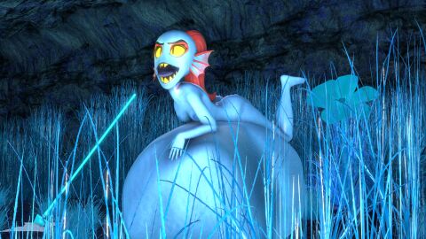 3d belly belly_bulge blue_body female laying_on_stomach nude nude_female red_hair sfm sharp_teeth source_filmmaker spear spear_of_justice undertale undertale_(series) undyne undyne_(rafaknight) vore vore_belly yellow_eyes