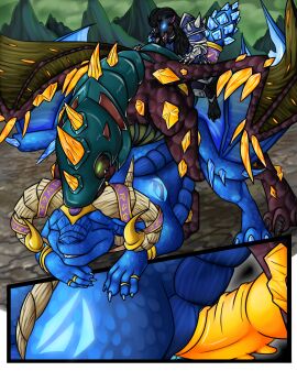 2013 3_toes amo_(amocin) amocin anthro armor barefoot black_body black_fur black_hair black_nose black_scales blizzard_entertainment blue_body blue_scales canid canine canis closed_eyes clothed clothing dragon druids_the_comic european_mythology fangs feet female female_penetrated feral feral_on_feral feral_penetrated feral_penetrating feral_penetrating_feral fur genitals glowing glowing_eyes group hair hi_res hindpaw male male/female male_penetrating male_penetrating_female mammal mythological_canine mythological_creature mythological_scalie mythology paws penetration penile penile_penetration penis penis_in_pussy pussy scales scalie sex teeth toes tongue trio vaginal_penetration warcraft were werecanid werecanine werewolf western_dragon wolf worgen