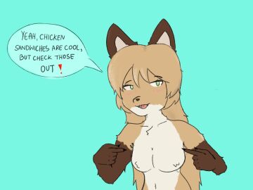 1girls averi_(fiddleafox) breasts brown_body brown_fur canid canine featureless_breasts female female_anthro fox fur gloves_(marking) green_eyes hair inviting mammal markings simple_background solo white_body white_fur
