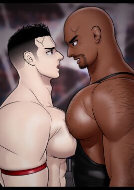 10s 2017 2boys bald bara beard black_hair blurry_background chest_hair chest_to_chest dark_skin hairy_arms kensuke_(yhs8) male male_only muscular original pale_skin tagme tank_top vein wrestling wrestling_ring yaoi