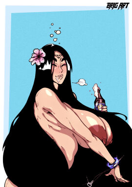 2d areolae armpit_hair asian asian_female beer beer_bottle big_breasts black_hair bottle bracelet breasts brig_art drunk female female_focus female_only flowers_in_hair hair_ornament hairy_female huge_breasts large_breasts long_hair makeup nail_polish nipples nude nude_female nudity tagme tao_long thick_eyebrows