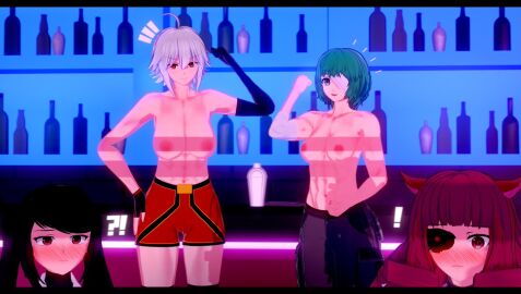 3d 4girls abs ahoge bandage bandages black_hair blush cat_ears cyan_hair dana_zane drill_hair female flexing julianne_stingray koikatsu long_hair medium_hair partially_clothed red_hair sei_asagiri showing_off spiritofrei stella_hoshii surprise surprised surprised_expression tagme topless twintails va-11_hall-a white_hair wide_eyed