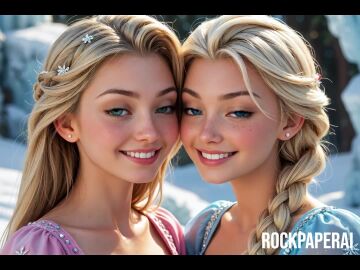 2girls ai_generated animated artist_name blonde-haired_female blue_eyes disney disney_princess earring elsa_(frozen) freckles freckles_on_face frozen_(film) frozen_2 green_eyes hair_ornament kissing looking_at_partner looking_at_viewer rapunzel rockpaperai single_braid tagme tangled video yuri