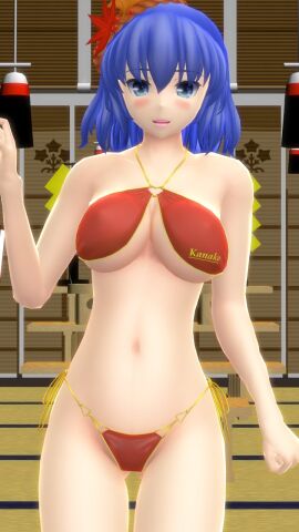 1girls 2023 3d belly_button bikini blue-haired_female blue_eyes blush breasts cleavage deity female god hati_yukkuri_mmd headwear hips indoors kanako_yasaka light-skinned_female light_skin looking_at_viewer mmd one_arm_up red_bikini short-haired_female solo_female solo_focus swimsuit touhou waist