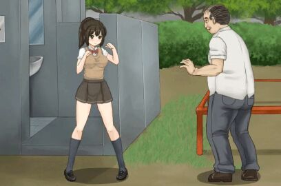 1boy 1girls age_difference animated aokumashii attack big_breasts breasts buchikome_high_kick fat_male female female_human game_cg gameplay human human_male larger_male light-skinned_female light_skin male mature_male medium_breasts older_male ponytail punch punching slim_waist smaller_female sprite struggling teenage_female teenager ugly_bastard variant younger_female