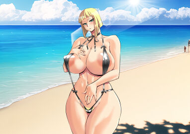 areola_slip areolae bangs beach bikini blonde_hair blue_sky blush bob_cut breasts busty cleavage clothing cloud curvaceous danna_(karatekikku) day female female_only green_eyes high_resolution huge_breasts karatekikku large_breasts looking_at_viewer naruto naruto_shippuden navel nipples ocean one-piece_swimsuit outdoors samui sand short_hair sky sling_swimsuit solo sun swimsuit thick_thighs thighs wardrobe_malfunction water wide_hips