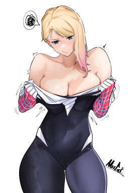1girls alternate_version_available ass_visible_through_thighs bare_shoulders big_breasts blonde_hair blue_eyes bodysuit breasts cameltoe clothes_pull covered_navel eyebrow_piercing female ghost-spider gwen_stacy heroine light-skinned_female light_skin marvel marvel_comics motion_lines movement_lines mugi_(mugit49) multicolored_hair navel piercing pink_hair pout pouting pussy scribble shaking sidecut skintight speech_bubble spider-gwen spider-man:_across_the_spider-verse spider-man:_into_the_spider-verse spider-man_(series) spider_web_print squiggle superhero superhero_costume superheroine two-tone_bodysuit two-tone_hair undressing