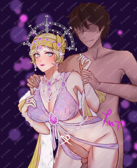 1boy 1girls balls blonde_hair blue_eyes breasts brown_hair covered_nipples crown dress earrings female gem headwear huge_breasts identity_v jewelry male michiko necklace nude nude_male pearl_necklace penis ring short_hair standing straight testicles tr9cy_rezn13