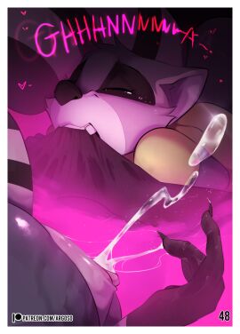 absurd_res ann_coon_(hgoldenbell) anthro argosornstein biting_underwear black_eyelids black_markings black_nose black_stripes bodily_fluids bottomless bottomless_anthro bottomless_female cheek_tuft claws clitoris closed_eyes clothed clothing comic countershade_face countershading ejaculation english_text eye_markings facial_markings facial_tuft fangs female female_orgasm finger_claws finger_fuck fingering fur genital_fluids genitals gloves_(marking) grey_body grey_countershading grey_fur grey_inner_ear head_markings head_tuft heart_symbol hi_res in_heat mammal markings masturbation moan muzzle_(marking) page_number patreon polo_shirt procyonid pussy pussy_ejaculation pussy_ejaculation_while_fingered raccoon shirt solo striped_markings striped_tail stripes tail tail_markings tears tears_of_pleasure teeth text topwear tuft url vaginal_fluids vaginal_masturbation vaginal_penetration