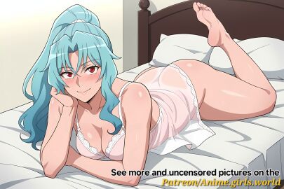 (tsuki 1female 1girls aqua_hair bed bedroom blue_hair breasts cute douchuu) ecchi feet feet_up female female_only foot_fetish ga isekai long_hair looking_at_viewer michibiku nightgown on_bed on_stomach red_eyes seductive seductive_eyes seductive_look seductive_pose seductive_smile smile smiling smiling_at_partner smiling_at_viewer solo solo_female tomoe tsuki_ga_michibiku_isekai_douchuu