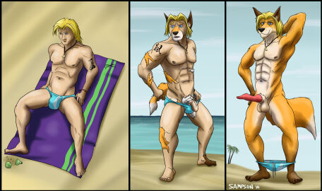 2014 3_panel_comic 5_fingers 5_toes abs absurd_res after_transformation animal_genitalia animal_penis anthro arm_tattoo athletic athletic_anthro athletic_human athletic_male balls beach beach_towel black_border black_claws black_nose black_tattoo blonde_hair blue_eyes border bottle bracelet broken_bottle broken_glass brown_body brown_fur brown_lipples bulge canid canine canine_genitalia canine_penis cheek_tuft claws clothed clothing container countershading digital_media_(artwork) dipstick_tail erection eyewear facial_tuft feet fingers fluffy fluffy_tail fox fur fur_growth genitals glass glasses grabbing_own_tail growth hair half-erect hand_behind_head hand_on_hip hi_res high-angle_view human human_to_anthro humanoid_feet humanoid_genitalia humanoid_penis imminent_transformation japanese_tattoo jcfox jewelry knot leg_markings long_hair looking_at_viewer lying male male_focus male_only mammal markings mid-transformation mostly_nude multicolored_body multicolored_fur navel necklace nipples on_elbow open_mouth outside pained_expression partially_clothed pecs penis pink_penis plantigrade pose post-transformation public_topless retracted_sheath sampsonwoof sand sequence shaded sheath shoulder_tattoo signature slim smaller_version_at_source smile snout snout_growth socks_(marking) soft_shading solo species_transformation specs speedo speedo_around_ankle speedo_down speedo_only standing story story_in_description surprised swimwear swimwear_around_ankle swimwear_down tail tail_grab tail_growth tail_markings tattoo teeth tight_clothing toe_claws toes tongue tooth_necklace topless topless_male towel transformation transformation_sequence tuft underwear underwear_around_ankles underwear_down vein veiny_penis whisker_spots white_body white_fur yellow_body yellow_fur