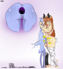 1futa 1girls anal areolae ass balls big_ass big_balls big_breasts black_hair breasts carrying_partner character_request duo erection female futa_on_female futanari gaping_anus grey_skin horns humanoid intersex light-skinned_futa light_skin long_hair muscular muscular_futa nipples north_star_500 nude purple_skin pussy sex standing stomach_bulge succu_vaca thighhighs upside-down